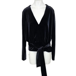 Good American Black Velvet Long-Sleeve Wrap Blouse